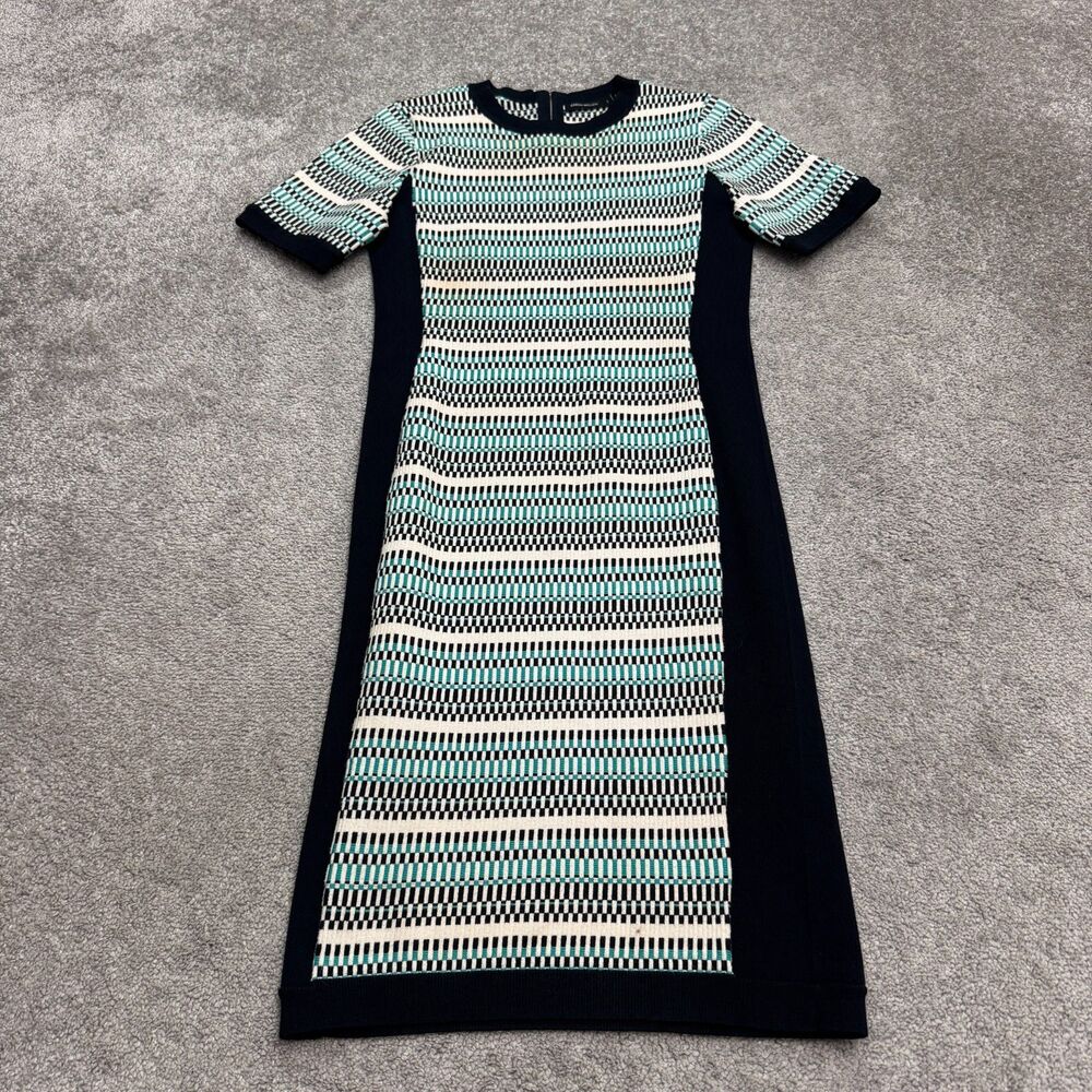 Karen Miller Textured Knit Midi Shift Dress Womens Large Black teal Geometric